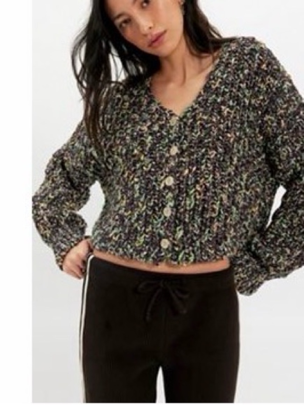 Free People Cropped Chunky Cardigan in Brown with Multicolor Flecks